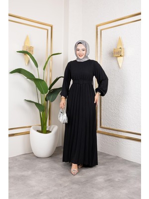 Kemerli Pliseli Tesettür ELBISE-3042 Siyah