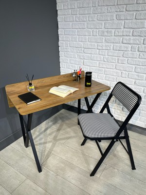 Buse Çalışma Masası Ofis Bilgisayar Masası + Katlanır Sandalyeli 103 cm Metal Siyah Ayak