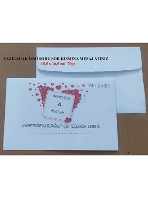 Art Hediye Isminize Özel 60 Adet Düğün Nişan Kına Para Takı Zarfı 10,5 x 16,5 cm 70gr Ttghedf