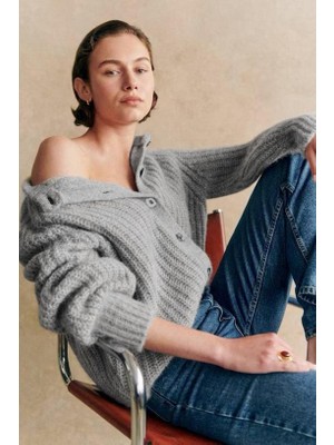 Gri Bisiklet Yaka Selanik Örgü Düğmeli Kadın Hırka MG2487