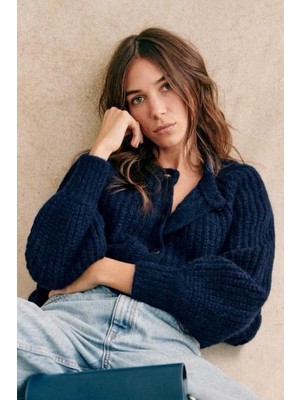 Lacivert Bisiklet Yaka Selanik Örgü Düğmeli Kadın Hırka MG2487