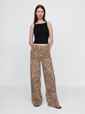 Gap Kadın Kahverengi Mid Rise Ultrasoft Leopar Baggy Jean Pantolon
