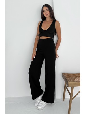 Viva Yüksek Bel Scuba Kumaş Düz Paça Siyah Pantolon – Günlük Konfor ve Şıklık