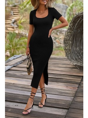 Ag Shoppings Kadın Kısa Kollu Kare Yaka Yandan Yırtmaçlı Fitilli Kaşkorse Elbise