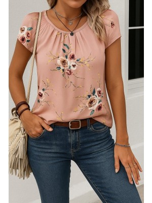 Nidam Butik Kadın Kısa Kollu Bisiklet Yaka Çiçek Baskılı Süprem Bluz