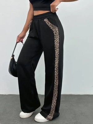 Gökyüzü Moda Kadın Yüksek Bel Bağcıklı Yanları Leopar Desenli Viskon Iki Iplik Pantolon