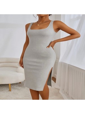 Kadın Askılı Kare Yaka Yandan Yırtmaçlı Midi Kaşkorse Elbise