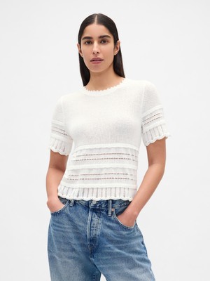 Gap Kadın Beyaz Linen-Blend Pointelle Crop Kazak