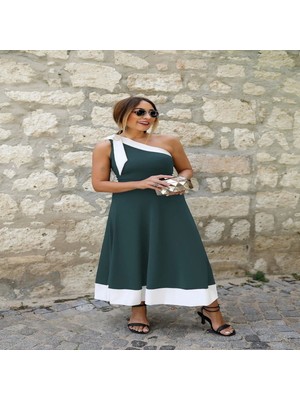 Kadın Tek Omuzu Açık Omuzlardan Kurdela Detaylı Çift Renkli Ithal Krep Elbise