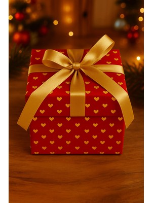 Kırmızı Gold Hediye Kutusu Kırmızı Kalpli Hediye Paketi - Yılbaşı Süsü- Kurdele Dahil 1AD