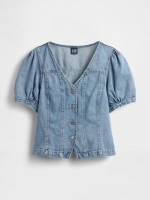 Gap Kadın Mavi Denim Puff-Sleeve Seamed Üst