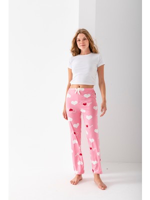 Kadın Beli Lastikli Desenli Pijama Altı Pembe Kalpli - 2059