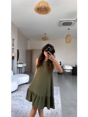 Alinn Butikk Kadın Bisiklet Yaka Eteği Volanlı Bürümcük Elbise