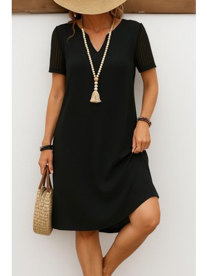 Nidam Butik Kadın Kısa Kollu V Yakalı Kısa Janjan Krep Elbise