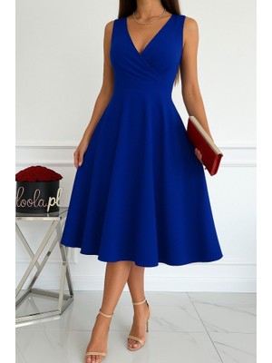 Arben Boutique Kadın Ithal Krep Kumaş Kruvaze Yaka Eteği Kloş Kolsuz Mini Elbise