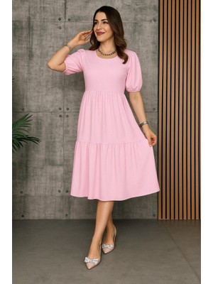 Nidam Butik Kadın Kısa Kollu Yakası Açık Katlı Bürümcük Balon Elbise
