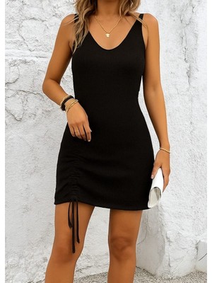 Ag Shoppings Kadın Kolsuz Eteği Büzgü Detay Triko Elbise