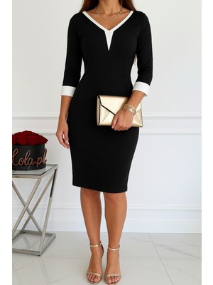 La Mode Istanbul Kadın Truvakarkol V Yakalı Blok Renkli Kısa Janjan Krep Elbise