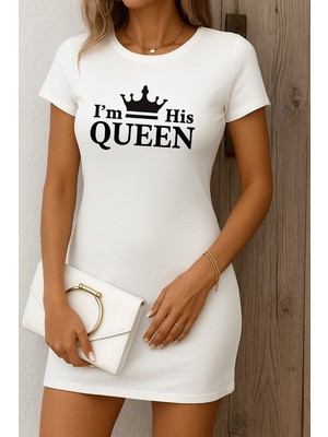 Arben Boutique Kadın Kısa Kollu Queen Baskı Iki Iplik Mini Elbise