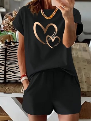 Arben Boutique Kadın Kısa Kollu Bisiklet Yaka Viskon Iki Iplik Bluz ve Short Ikili Takım