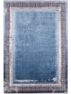 Hali.Net 80x150 cm Mavi Gri Labirent Modern Geometrik Halı | Salon Mutfak Halısı | Hav Vermez Hipoalerjenik | HALN-HLN1278
