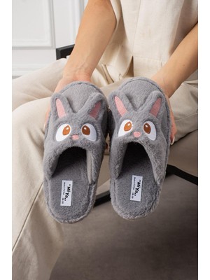 Kadın Tavşan Figürlü Sessiz Taban Peluş Ev Terliği