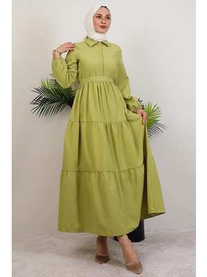 Standart Yaka Düğmeli Elbise Fıstık Yeşil