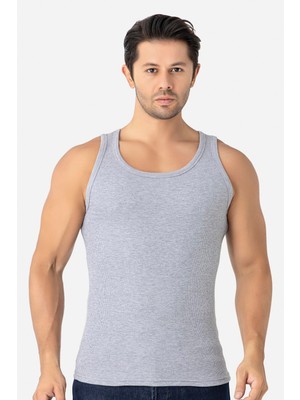 Erkek Gri Fitilli Atlet Pamuklu Likralı Kaşkorse Halter Yaka Slim Fit Atlet