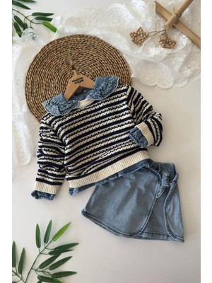 Miniğimin Cicileri Triko Kazak Yaka Nakışlı Kot Gömlek Şort Etekli 3 lü takım - Mavi