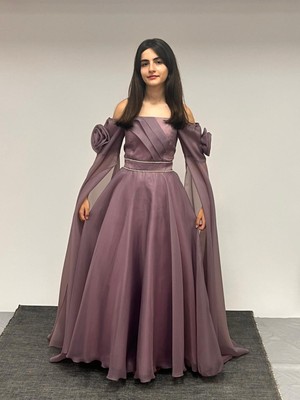 Kız Çocuk Abiye Lila Uzun Askılı  Kolları Çıkabilen Pelerinli Şifon Abiye Elbise 10-15 Yaş