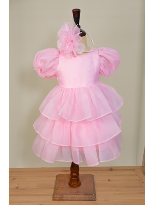 Kız Bebek Pembe Caroline Kumaş Karpuz Kollu Abiye Elbise 1-5 Yaş