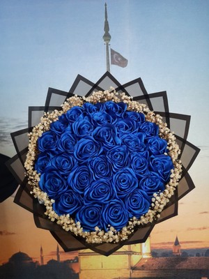 30 Lu LED Işıklı Kenar Süslemeli Solmayan Gül Buketi Mavi Gül Dışı Siyah