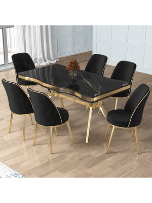 Prah Serisi 90X160 Lak Panel Sonata Masa ve 6 Siyah Sandalye Gold Kaplama Ayak