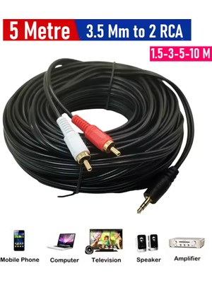 3.5mm To 2 Rca Stereo Lale 2 x Rca Aux Ses Kablosu (5 Metre)