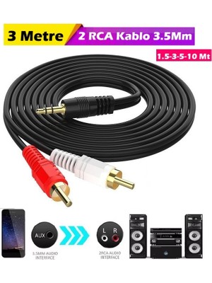 2 Rca Aux 3.5 mm To 2rca Stereo Lale Aux Ses Kablosu (3 Metre)