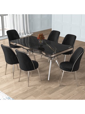 Prah Serisi 90X160 Lak Panel Sonata Krom Ayak Masa Takımı ve 6 Siyah Sandalye