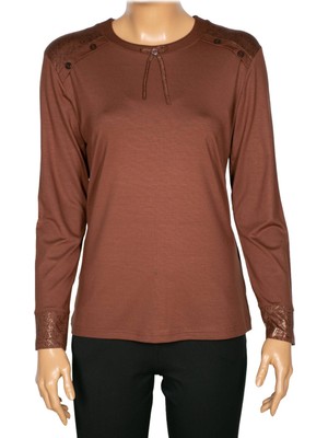 Simay Kadın Flora Ara Beden Kombinli Omzu Düğmeli Taba Spor Bluz