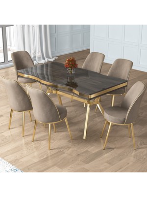 Prah Serisi 90X160 Lak Panel Antrasit Ironi Gold Ayak Masa Takımı 6 Sandalye