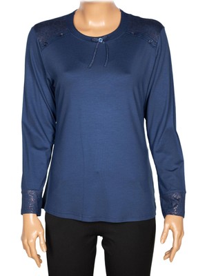 Simay Kadın Flora Ara Beden Kombinli Omzu Düğmeli Indigo Spor Bluz