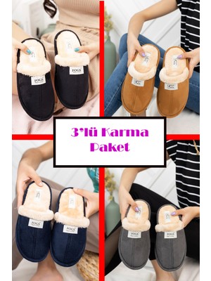 3'lü Paket Ev Terliği Çeyiz Terliği Kışlık Terlik Ses Yapmaz Hafif Taban Taban