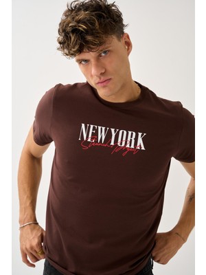 Oversize Bisiklet Yaka Baskılı T-Shirt