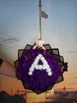 30 Lu Ayıcıklı ve Harfli LED Işıklı Solmayan Gül Buketi Mor Gül Dışı Siyah