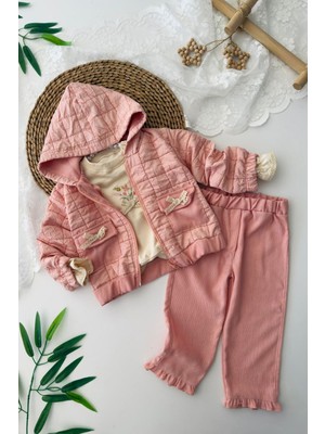 Miniğimin Cicileri Kapitone Kapüşonlu Kız Bebe Işlemeli 3 lü takım - Pudra