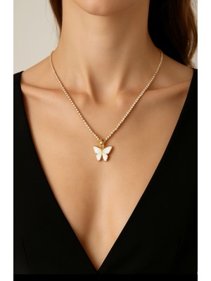 Zirkon Taşlı Kelebekli Çelik Su Yolu Kararmayan Kolye