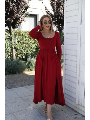 Buketli Kadın Ön & Arka Açık Yakalı Roba Altı Pileli Yırtmaçlı Uzun Kol Penye Uzun Elbise