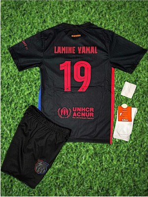 Barcelona Yeni Sezon Lamine Yamal Deplasman Iç Saha Çocuk Forması-Siyah 4lü Set Hediyeli HD1199