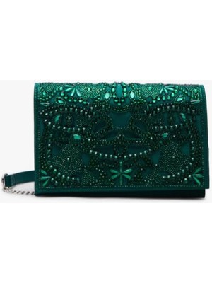 Betsey Johnson Yeşil Omuz Çantası, Saten ve Boncuk Işleme Yeşil Abiye Çanta