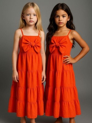 Kız Çocuk Askılı Fiyonklu Dokuma Elbise