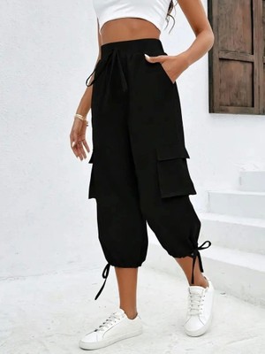 Kadın Yüksek Bel Beli Lastikli Bağcıklı Cepli Kargo Viskon Iki Iplik Pantolon