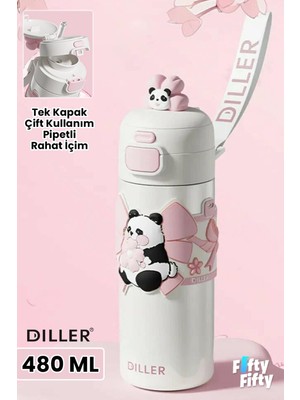 Dıller 480 ml Tek Kapak Çift Kullanım Pipetli/pipetsiz Taşıma El Askılı Vacum Cup/çelik Termos -FFD9317-480